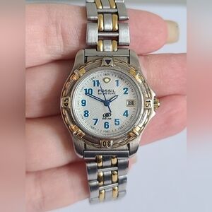 Vintage Women's Fossil Blue 50 Metres 2 Tone Silver Gold Stainless Metal Watch